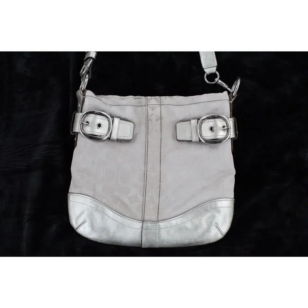 Coach Signature Jacquard Canvas Leather Shoulder Bag F17088 Buckle Silver Y2K